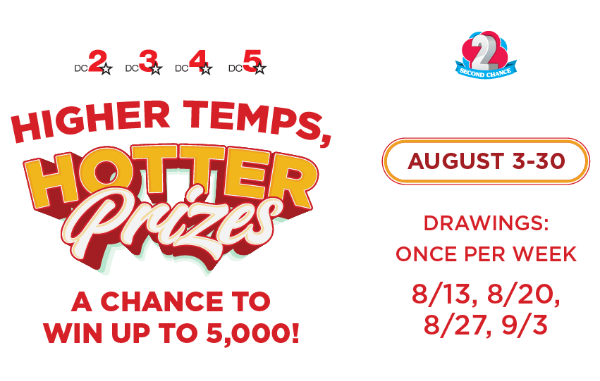 DC Lottery banner with text Higher Temps, Hotter Prizes. A chance to win up to $5,000
