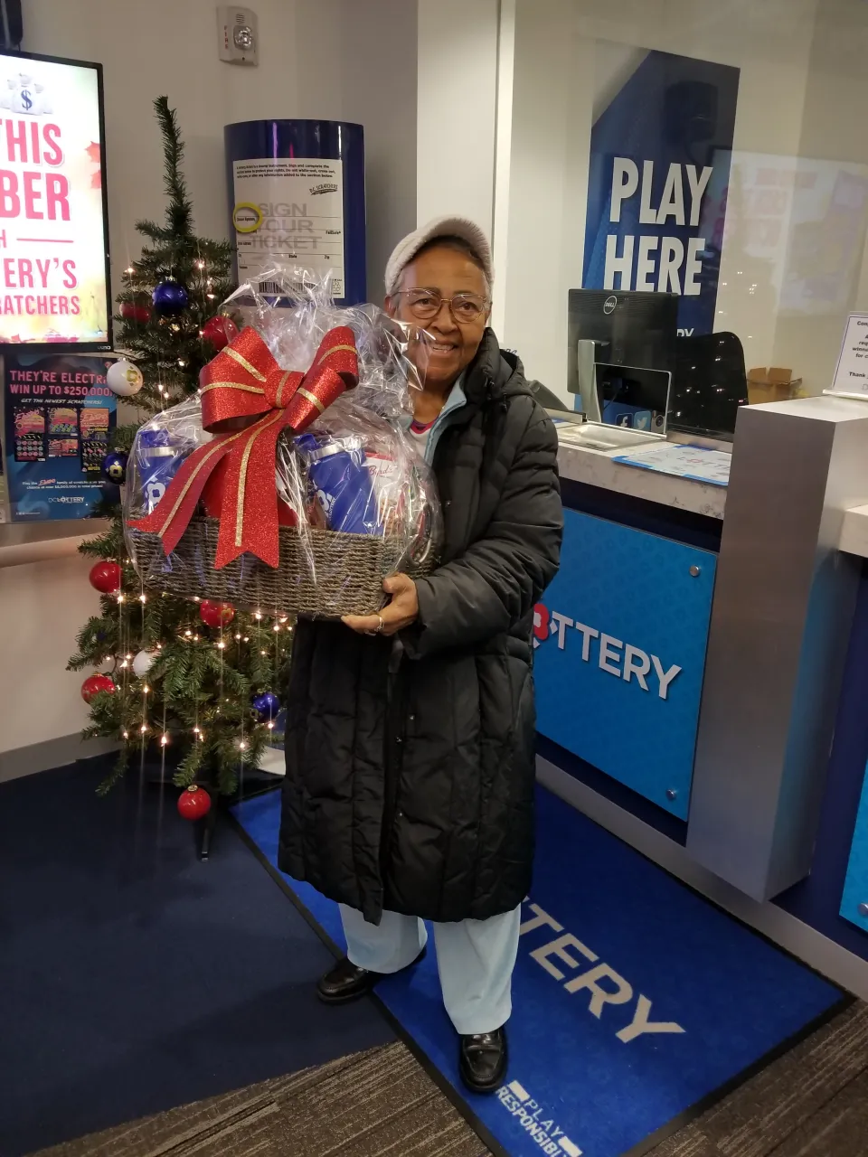 Player holding gift basket